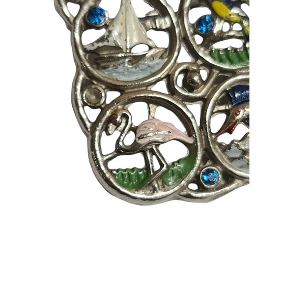 Brooch Silver Tone Sailboat Flamingo Parrot Missing Stones - Picture 8 of 12